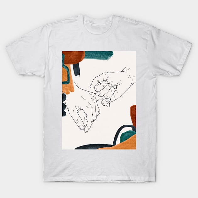 Holding hands drawn countour lines one line drawing holding hands print holding hands art love art T-Shirt by Modern Art